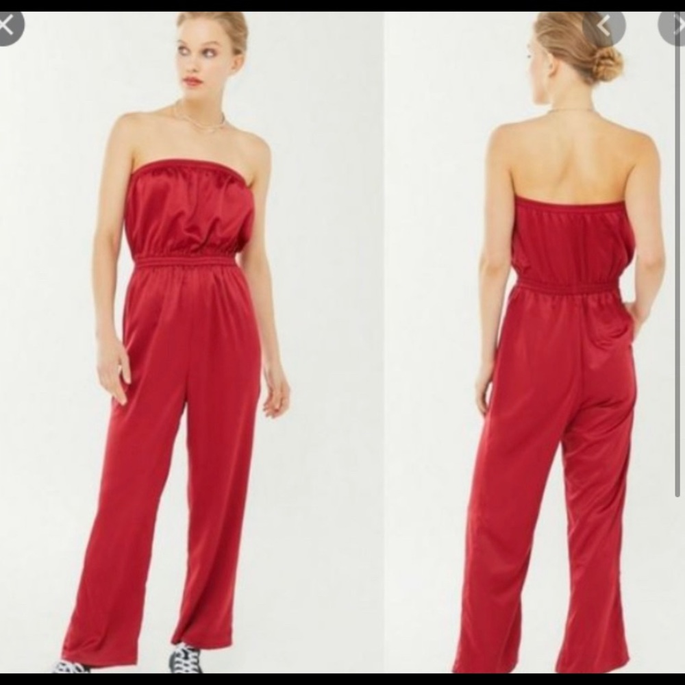 Urban Outfitters Nikki Satin Red Straight Leg Strapless Jumpsuit